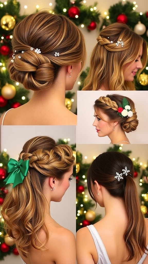 Collage of various Christmas party hairstyles including updos, curls, and braids.